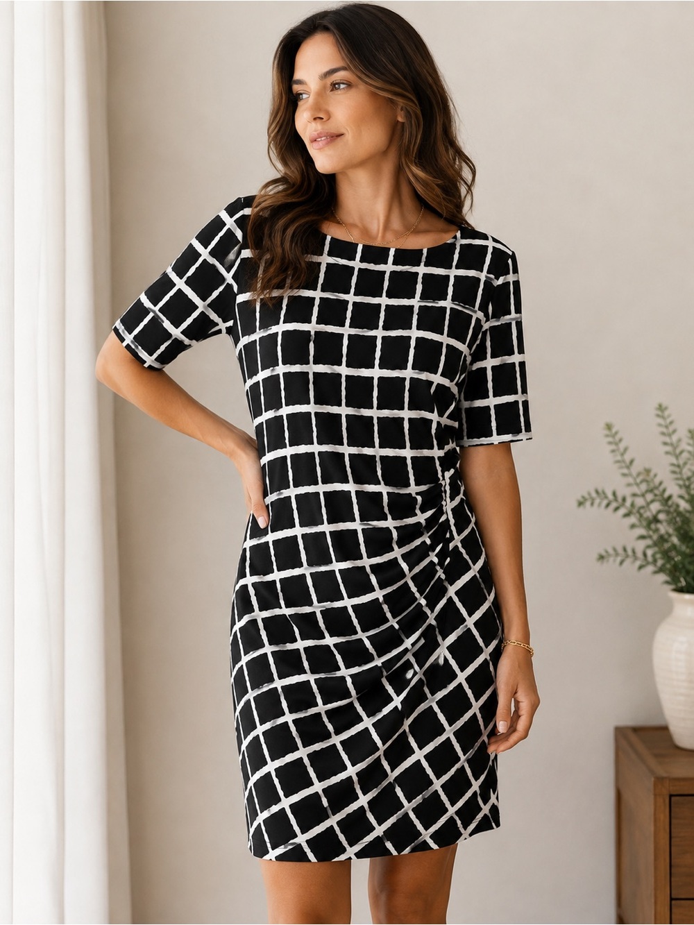 Dressbarn Women’s Size 14 Black White Geometric Grid Ruched Sheath Dress